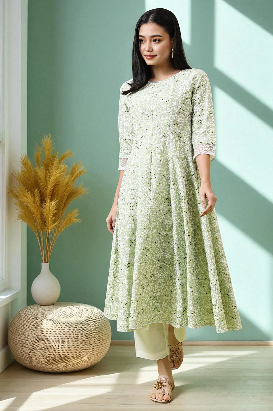 Green Paisley Printed Pure Cotton Anarkali Kurta